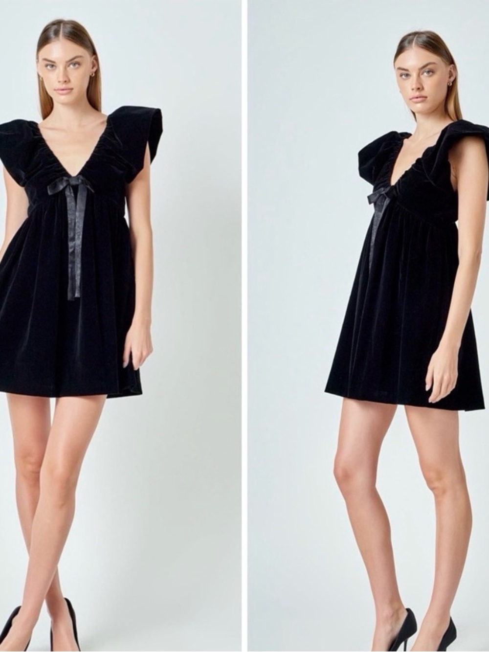 Anthropologie Endless Rose Black Velvet V-Neck Mini Dress with Ribbon Detail